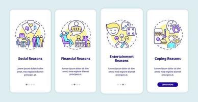 Gründe für das Spielen auf dem Bildschirm der mobilen App. Zwangspsychologie Komplettlösung 4 Schritte grafische Anleitungsseiten mit linearen Konzepten. ui, ux, gui-Vorlage. Unzählige pro-fette, normale Schriftarten werden verwendet vektor