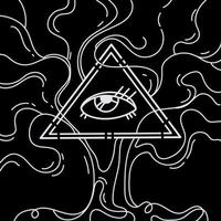 Allsehender Augenvektor, Illuminati-Symbol im Dreieck mit Baum auf schwarzem Hintergrund, Tätowierung oder Druckdesign. Auge der Vorsehung okkultes Zeichen. Vektorillustration