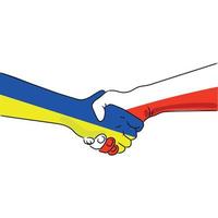 Händedruck der Ukraine und Polens. Symbol der Zusammenarbeit und Freundschaft zwischen den Völkern Polens und der Ukraine. danke an polen für die hilfe. vektorkarikaturillustration lokalisiert auf weißem hintergrund
