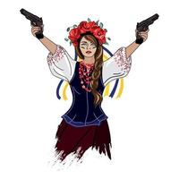 ukrainische bewaffnete frau vektorillustration. frauenaktivistin in nationaltracht und blumenkranz isoliert auf weißem hintergrund. krieg in der ukraine vektor