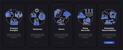 effekterna av klimatförändringens nattläge på mobilappskärmen. genomgång 5 steg grafiska instruktioner sidor med linjära koncept. ui, ux, gui mall. otaliga pro-fet, vanliga typsnitt som används vektor