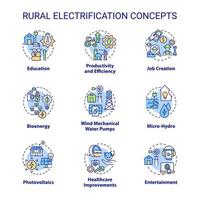 landsbygdens elektrifiering koncept ikoner set. tillgång till el och belysning idé tunn linje färgillustrationer. isolerade konturritningar. redigerbar linje. roboto-medium, otaliga pro-bold typsnitt som används vektor