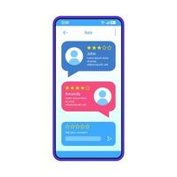 konsumenters feedback gränssnitt vektor mall. mobilapp gränssnitt blå design layout. tjänst eller appanvändares betyg. platt ui. telefondisplay med chattrutor och personers betyg