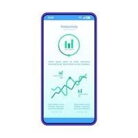 smartphone instrumentpanel gränssnitt vektor mall. mobil produktivitet sida blå design layout. statistikskärm. platt applikation ui. app för dataanalys. telefondisplay med analysdiagram