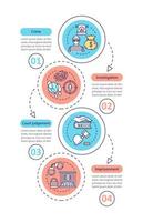 Infografik-Vorlage für Strafverfolgungsvektoren. Kriminalität, Untersuchung, Gerichtsurteil, Haft. Datenvisualisierung mit vier Schritten und Optionen. Diagramm der Prozesszeitleiste. Workflow-Layout vektor