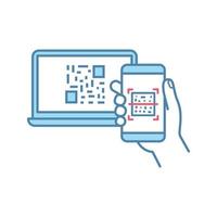 qr-code-scanning-smartphone-app-farbsymbol. Barcode-Autorisierung. handy liest barcode auf dem pc-bildschirm. matrixcode wird beim scannen des laptops mit dem smartphone angezeigt. isolierte Vektorillustration vektor