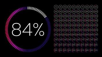 uppsättning cirkelprocentmeter från 0 till 100 för infografik, användargränssnittsdesign ui. gradient cirkeldiagram laddar ner framsteg från lila till vit i svart bakgrund. cirkeldiagram vektor. vektor