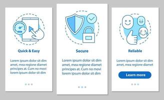 digital tjänst onboarding mobil app sidskärm med linjära koncept. snabb och enkel, säker, pålitlig programvara. steg grafiska instruktioner. ux, ui, gui vektormall med illustrationer vektor