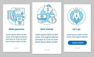 affärsutveckling onboarding mobil app sidskärm med linjära koncept. Finansiella tjänster. göra betalningar, tjäna pengar, lansera start. steg instruktioner. ux, ui, gui vektorillustrationer vektor