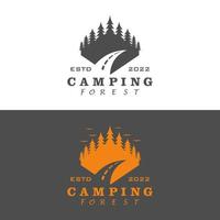 camping skog logotyp i vintage stil vektor