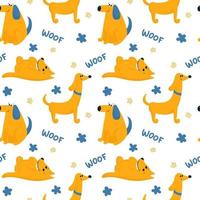 Muster mit gelben Hunden, Blumen und Wörtern vektor