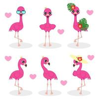 uppsättning rosa flamingos i olika poser tecknad serie, söt samling flamingos isolerade exotiska fågelvektorer, tryck för textilier, förpackningar, vykort vektor