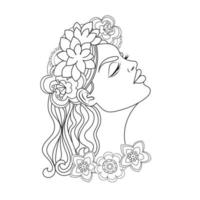 Malbuch für Erwachsene oder Skizze, junges schönes Mädchen mit einem Blumenkranz auf dem Kopf, handgezeichneter Umriss, Vektor