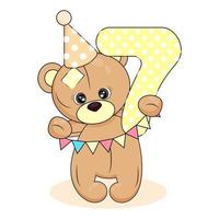 Nummer sieben und Teddybär, Babygeburtstagskarte auf weißem, isoliertem Hintergrund, niedliche Zeichentrickfigur und Nummer sieben, Textildruck, Verpackung, Partyeinladungsvektor vektor