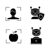 Glyphensymbole für maschinelles Lernen festgelegt. Gesichtserkennung, gesicherter Chatbot, Objekterkennungs-App, Chatbot. Silhouettensymbole. vektor isolierte illustration