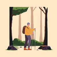 Wanderer mit Rucksack im Wald. gesunde lebensstiltourismusillustration des abenteuerwanderns, trekkingmannreise. vektor