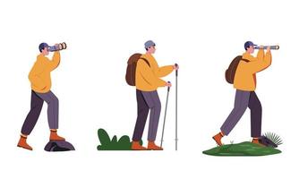 Mann Backpacker Travel Adventure Konzept. Outdoor-Urlaub Erholung in der Natur Thema Wandern, Klettern und Trekking mit Menschen Zeichensatz. vektor