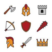 Satz von Ritter-Vektor-Icons-Design. Waffe und Helm alter Krieger vektor