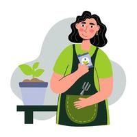 en kvinna planterar plantor stående vid ett bord en kvinna bonde trädgårdsmästare som arbetar och jordbrukshobby vektorillustration isolerad vektor
