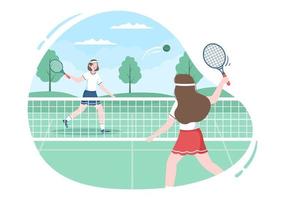 tennisspelare med racket i handen och boll på banan. människor gör sport match i platt tecknad illustration vektor