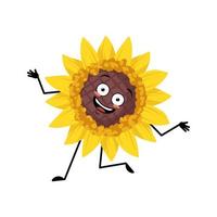 sonnenblumencharakter mit verrückten fröhlichen gefühlen, fröhlichem gesicht, lächelnden augen, tanzenden armen und beinen. pflanze person mit lustigem ausdruck, gelber sonnenblume emoticon. flache vektorillustration vektor