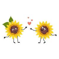 Sonnenblumencharakter mit Liebesgefühlen, Lächeln, Armen und Beinen. Pflanzenmensch mit glücklichem Ausdruck, gelber Sonnenblumen-Emoticon. flache vektorillustration vektor