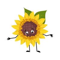 Sonnenblumencharakter mit traurigen Emotionen, depressivem Gesicht, Augen, Armen und Beinen. Pflanzenmensch mit melancholischem Ausdruck, gelber Sonnenblumen-Emoticon. flache vektorillustration vektor