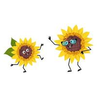 sonnenblume mit brille und enkeltanzcharakter mit fröhlichen gefühlen, gesicht, lächelnden augen, armen und beinen. pflanzenperson mit ausdruck, gelbe sonnenblume emoticon. flache vektorillustration vektor