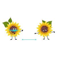 sonnenblumencharakter mit gesicht in medizinischer maske halten abstand, arme und beine. pflanzenperson mit sorgfaltsausdruck, gelbe sonnenblume emoticon. flache vektorillustration vektor