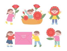süße kinder, die riesige nelkenblumen halten und eine dankesnachricht geben. vektor