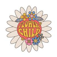 blomma barn - sjuttiotalet retro flower power bokstäver slogan med hippie groovy blommor i cirkel tryck i form av stor tusensköna för flicka tee t-shirt och klistermärke. vevrabt linjär vektorillustration. vektor