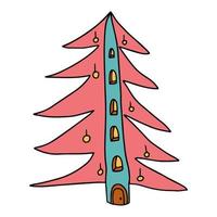 Cartoon Doodle Fantasy Gnome Haus Fichte isoliert auf weißem Hintergrund. Weihnachtswald Hand gezeichnete Ikone. vektor