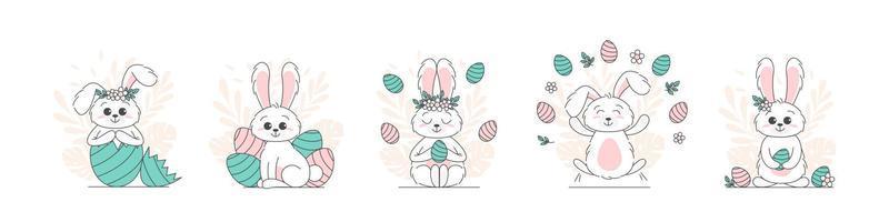 satz osterkarte mit kaninchen und eiern. frohe ostergrußkarte und schablonenvektorillustration. niedliches designlayout für einladung, karte, menü, flyer, banner, poster, gutschein. Eier und Hasenohren vektor