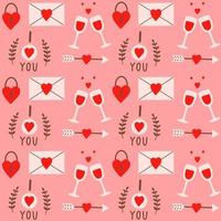färgglada sömlösa mönster med romantiska inslag för alla hjärtans dag på en rosa bakgrund. modern handritad design för scrapbooking, omslagspapper, tyg, kort. vektor illustration