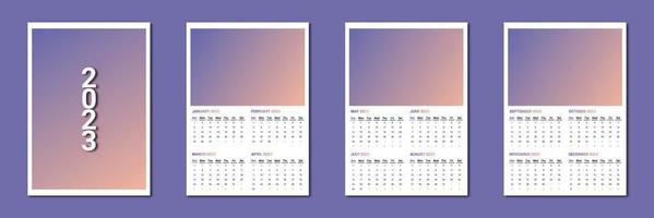 mall för 2023 kalenderdesign med omslag. vektor av 2023 kalender 4 månader på varje sida. lutning lila och orange. vecka start på söndag 2023.väggkalender på porträtt.a3 storlek.