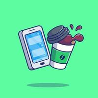 handtelefon mit kaffee-cartoon-vektor-symbol-illustration. technologie essen und trinken symbol konzept isoliert premium vektor. flacher Cartoon-Stil vektor