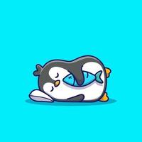 niedlicher pinguin, der auf kissen mit fischkarikatur-vektorsymbolillustration schläft. tierliebe symbol konzept isoliert premium vektor. flacher Cartoon-Stil vektor