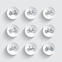 cyklar linje ikoner set, cykling, motorcykel, motorcykel, fat bike, skoter, elcykel vektor
