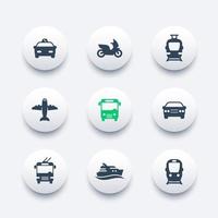 passagerartransportikoner, kollektivtrafikvektor, buss, tunnelbana, spårvagn, taxi, flygplan, fartyg, runda moderna ikoner set, vektorillustration vektor