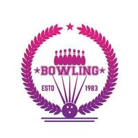 bowling vintage logotyp med krans, märke med boll och stift över vita, vektorillustration vektor