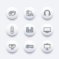 Home Entertainment System Line Icons Set, Virtual-Reality-Brille, Multimedia-Projektor, 3D, gebogener Fernseher, Lautsprecher, Spielkonsole vektor