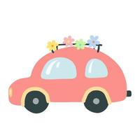 söt tecknad bil. leksaksrosa bil med blommor. illustration för baby vykort, bok, affisch. vektor