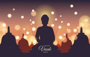 vesak-tageskonzept mit silhouette des buddha-tempels und bokeh vektor