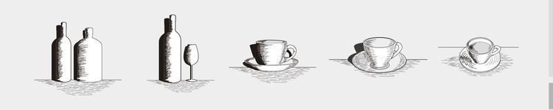 flasche, kaffeetasse und gläser handgezeichnetes set für bar oder café symbolillustrationen logo - flasche, kaffeetasse und gläser handgezeichnete symbolsilhouette vektor
