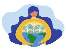 World Earth Day grön ekoenergi, ung kvinna som omfamnar planeten jorden med World Earth Day och rädda planetens koncept för bevarande, skydd och rimlig konsumtion av naturresurser. vektor