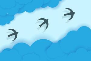 tre fåglar som flyger mellan blå moln. vektor