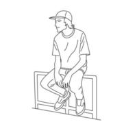 junger Mann, der sich entspannt und auf dem Zaun sitzt. Cartoon-minimaler Stil vektor