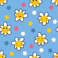daisy blommor seamless mönster med tecknade roliga ansikten. vektor