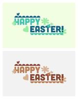 buntes modernes frohes ostern-plakat im flachen design. satz von typografischen plakaten mit frohem ostern-text in grünen und braunen tönen. Designs mit floralen Elementen und Herzformen. vektor