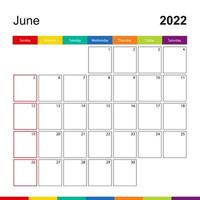 Juni 2022 bunter Wandkalender, Woche beginnt am Sonntag. vektor